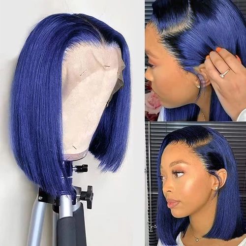 Imagen 2 del producto Pelucas de cabello humano Bob corto recto azul, peluca Frontal de encaje 13X4, pelucas frontales de encaje de cabello humano brasileño para mujeres