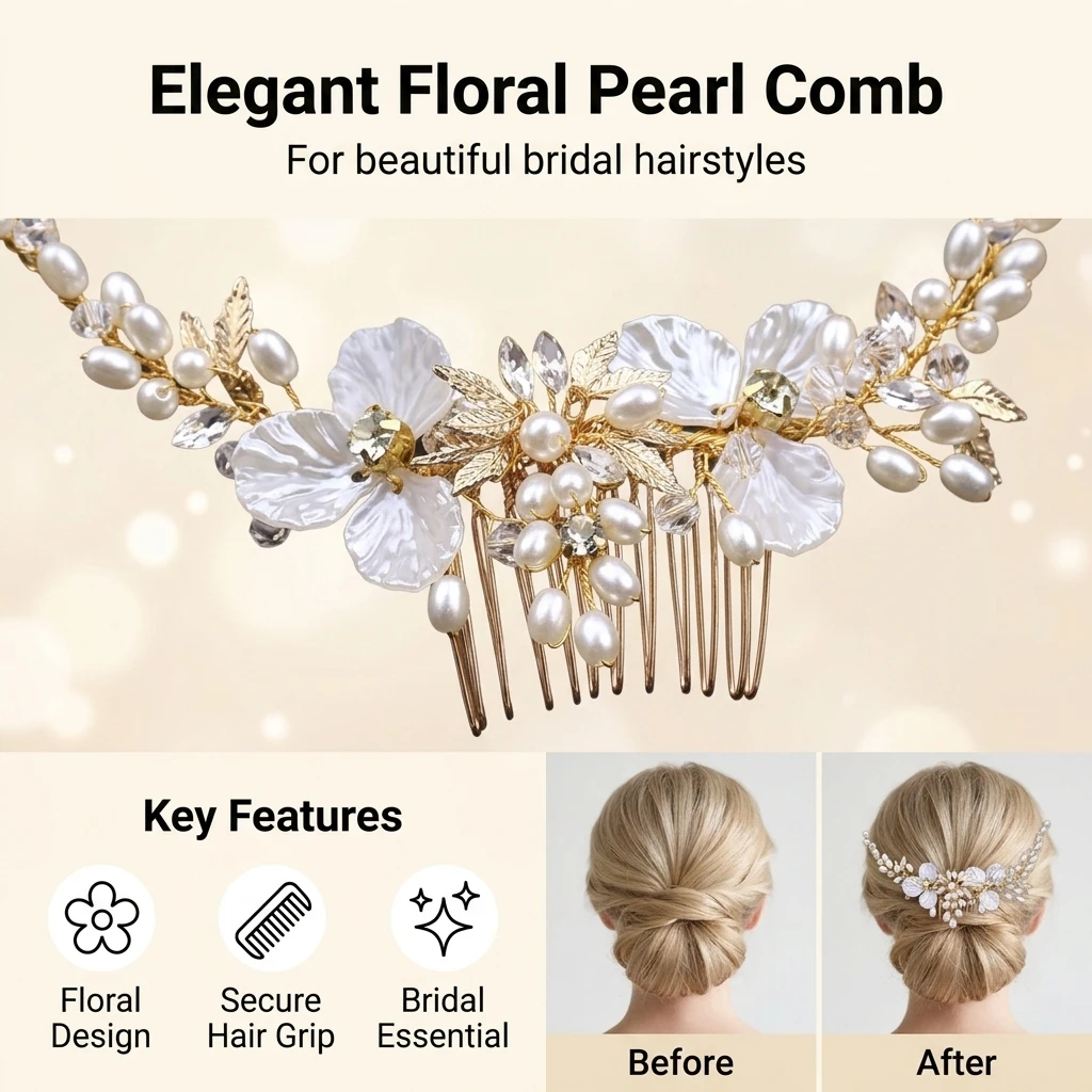 Elegant White Pearls Hair Combs Gold Color Leaves Flower Bridal Headbands Bride Wedding Evening Party Hair Jewelry Accessories view 3