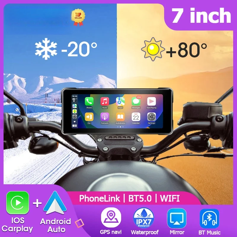 7 Inch Motorcycle Portable Navigation GPS Wireless Apple Carplay Android Auto IPX7 Waterproof Motorcycle BT Touch Screen Display