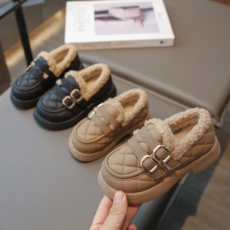 Children's Velvet Cotton Shoes 2024 Winter New Baby Girl Leather Warm Anti-slip Cotton Shoes Thickened Girls' Leather Shoes