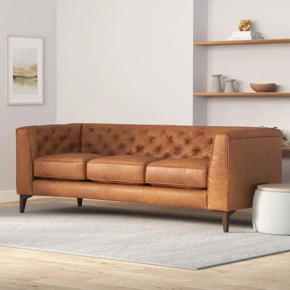 Essex Leather Couch  Sofa with Tufted Back - Full Grain Leather Couch with Feather-Down Topper On Seating S