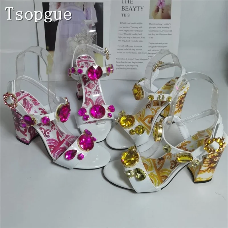 

Luxury Design Gemstone Women Sandals Bohemia Style Prints Thick High Heel Shoes Summer New Banquet Party Dress Shoes