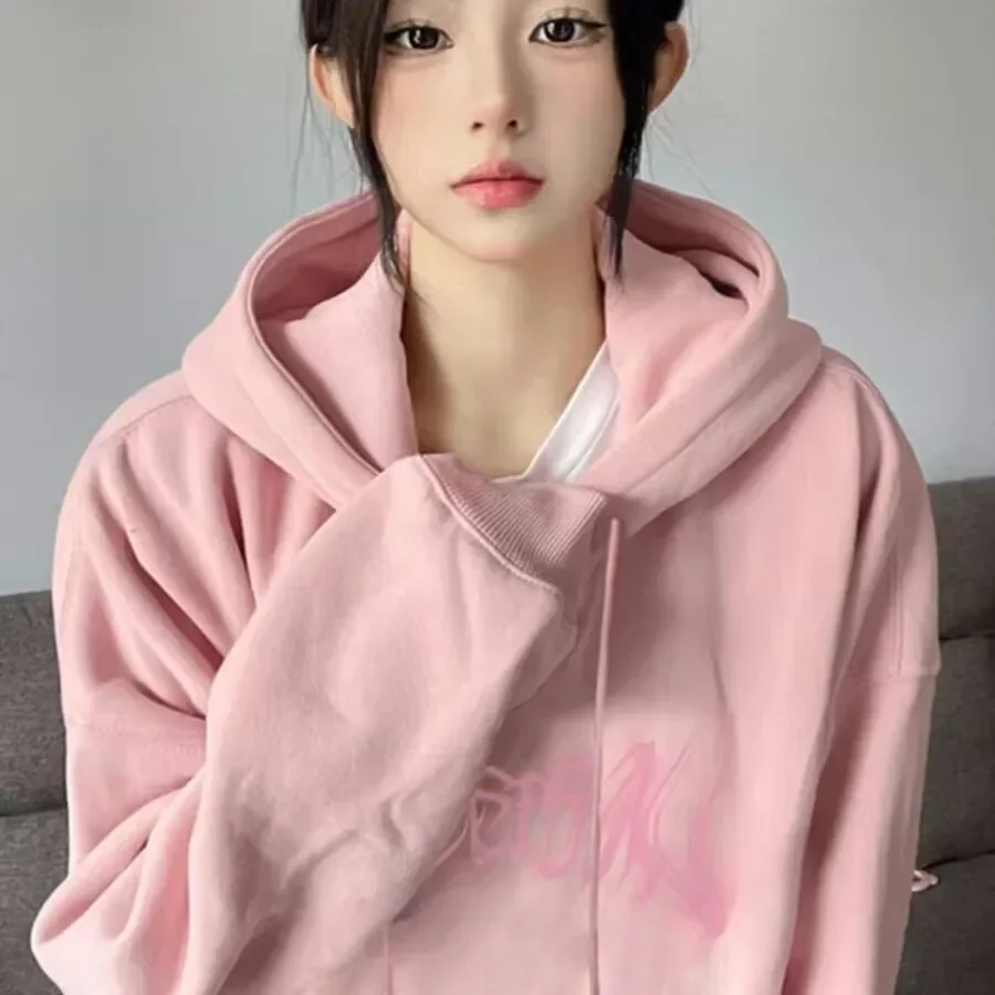 Pink Fleece Lined Hoodie Women Autumn Winter 2023 New Korean Fashion Lazy Casual Sweetwear All-Match Loose Hooded Sweatshirt Top