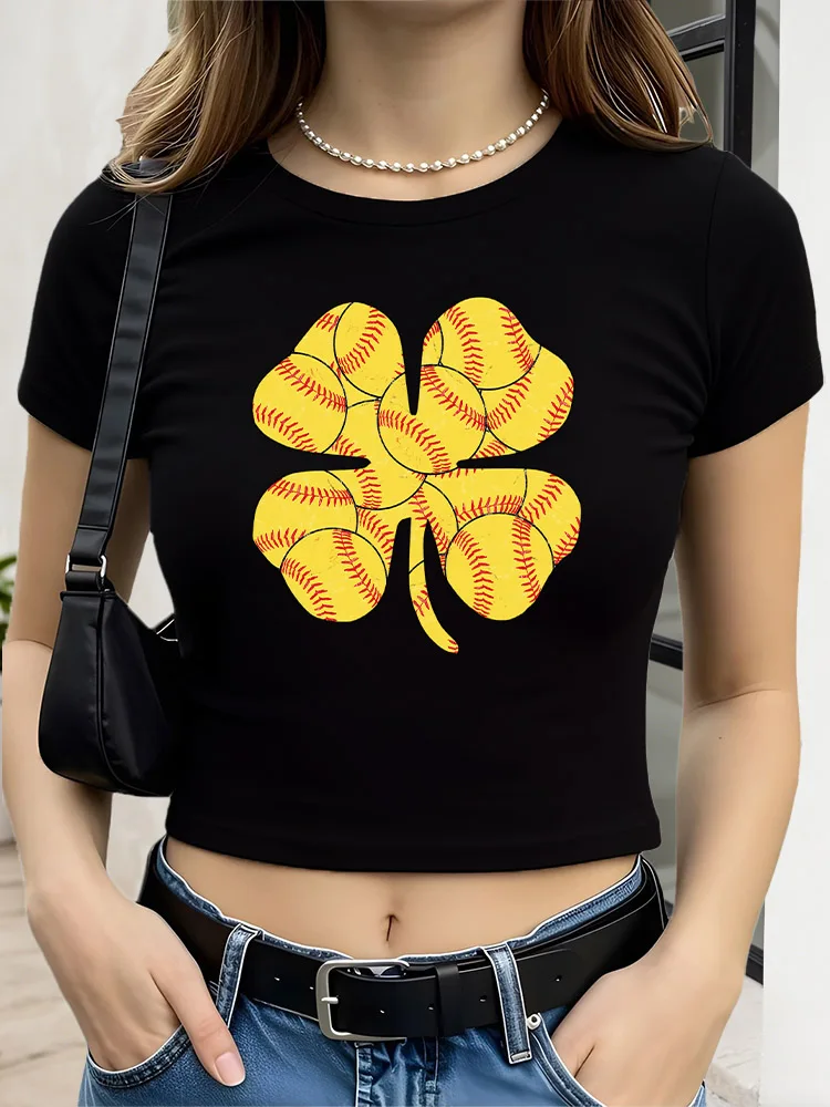 

Shamrock Softball Women Graphic Crop Top Black Short Sleeve Slim Fit T-Shirt Basic Summer Top