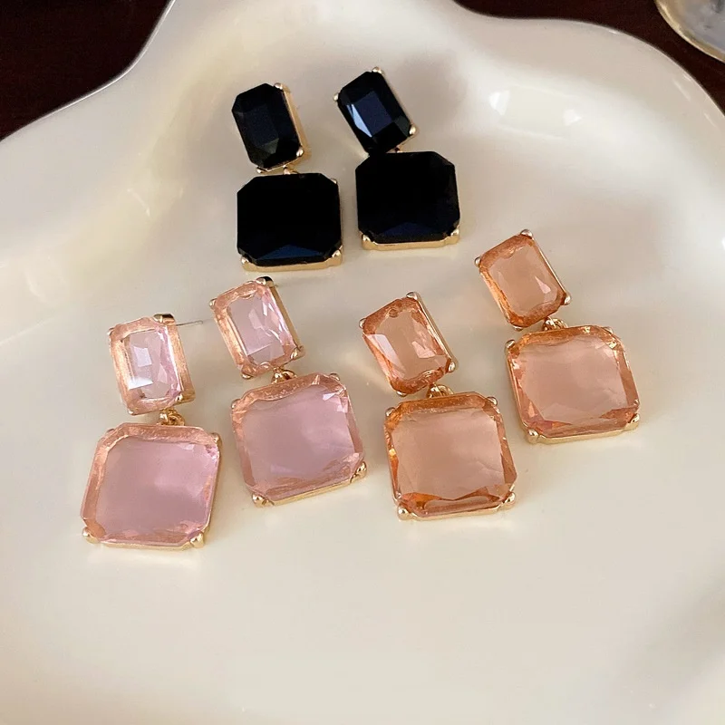 Fashion Transparent Double Square Crystal Earrings For Women Personality Minimalist Geometric Rhinestone Stud Earrings Jewelry