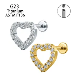 ASTM F136 Titanium Ear Studs Set 5A Zircon Heart Labret Ear Cartilage Helix Rings Nose Piercing Body Jewelry Fine Earrings