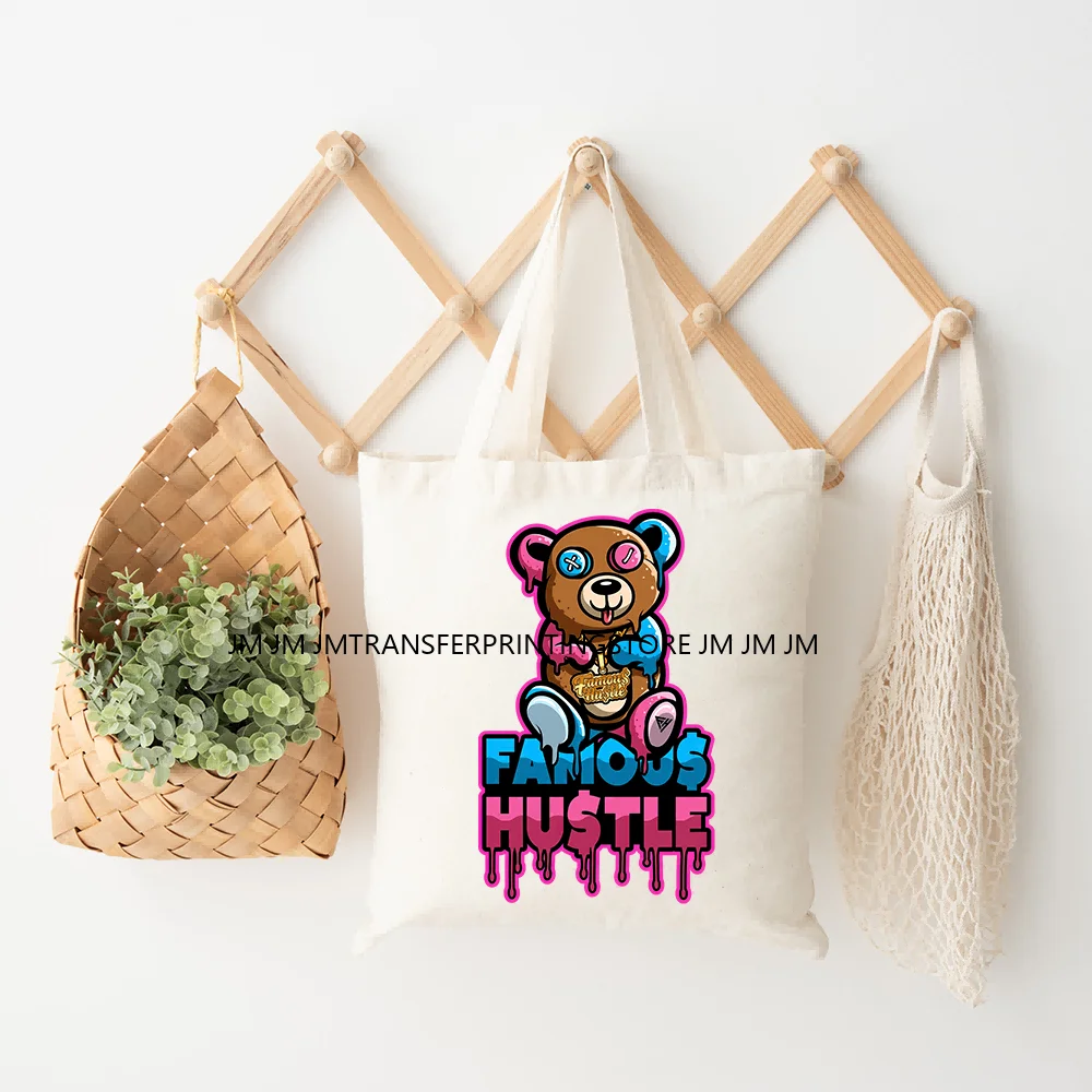 New DIY Hustle Bear Patches Cartoon Beaten Teddy Bear Doll Transfer Printing Iron-on DTF Thermal Transfer Sticker for Jacket Bag