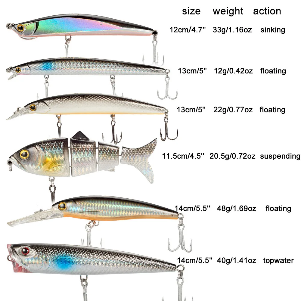 6pcs Minnow Fishing Lure,12g-48g,Topwater Crankbait Wobbler Hard Baits Floating Sinking Lure for Saltwater Bass Pike Mackerel