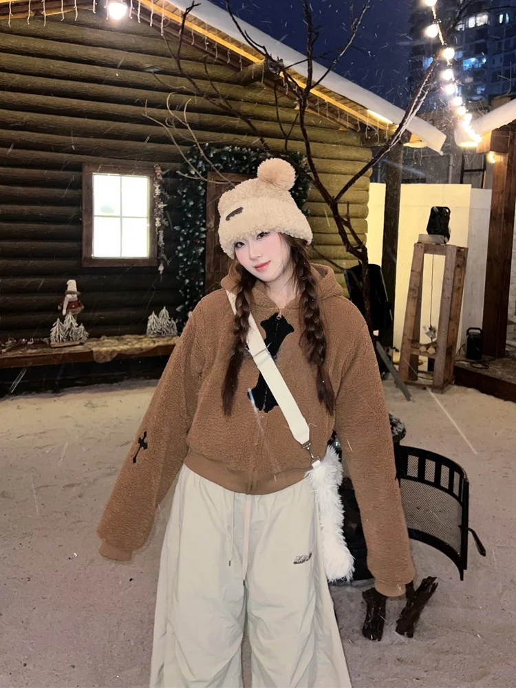 

White One Cross Stitched Plu ort Cotton Jaet Women's Autumn Winter Warm Polyester Fiber Fill Hooded Zipper Closure Coat