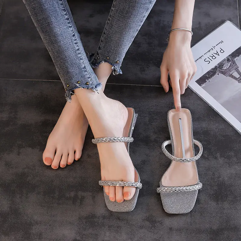 Designer Ladies Slippers And Sandals Summer New 2025 With Elegant Hot Slipper Female Elegant Mirror Luxury Rhinestone Fashion