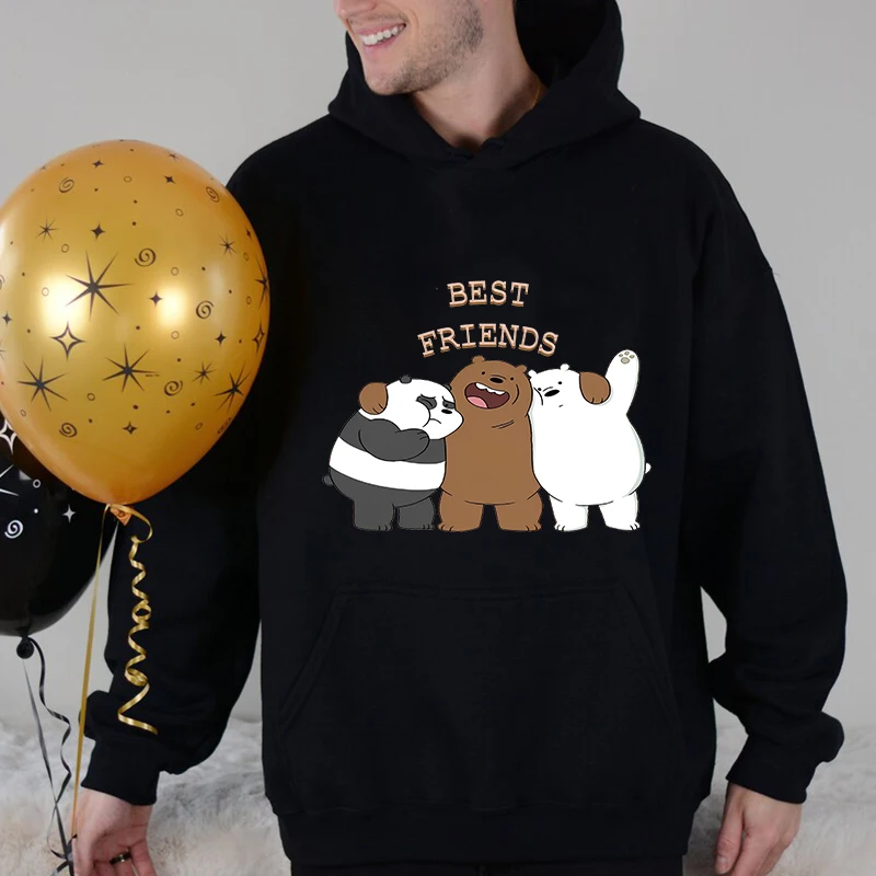 We Bare Bears Best Friends Printed Men's Autumn and Winter Hoodies Plus Velvet Sports Sweatshirt Loose Casual Men's Clothing