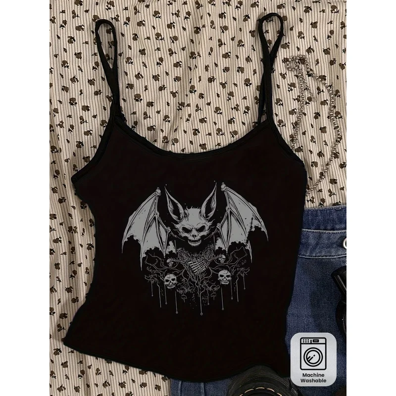 Gothic Style Bat Skull Pattern Thin Shoulder Strap Blouse for Women. Dark Horror Skull Print Sleeveless Halter Top. Rock Street