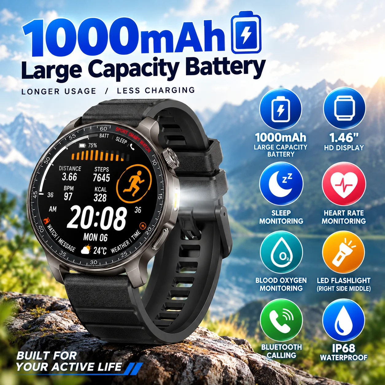 LIGE New 1000mAh Large Battery Smart Watch Bluetooth Call 100+Sports Mode Health Monitor IP68 Waterproof Flashlight Smartwatches