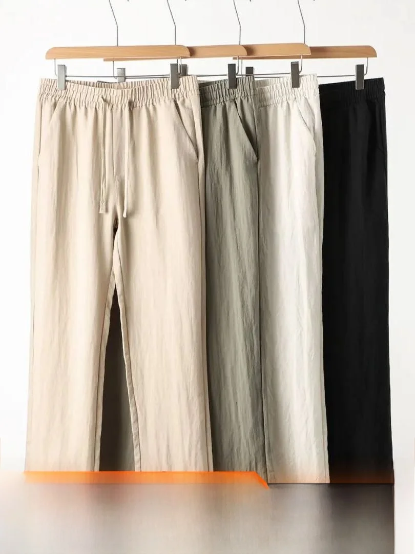 Italian Minimalist Style Mixed Flax Linen Men's High Drape Summer Casual Pants Breathable Moisture Wicking Straight Leg Trousers
