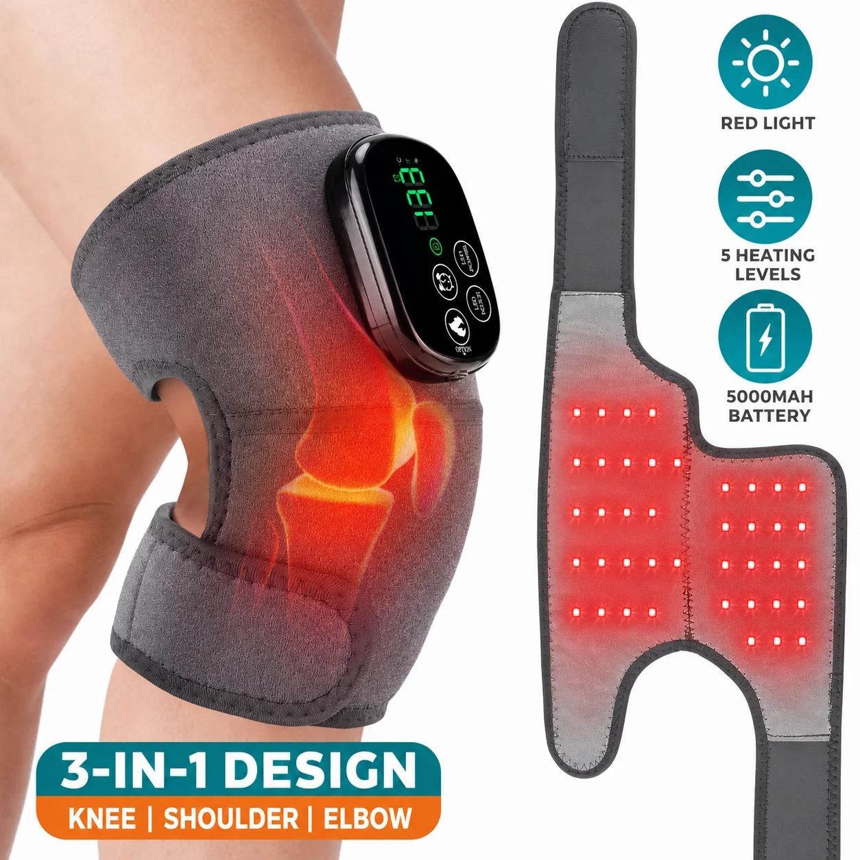 Heated Knee Wrap with Red Light, 4 Temp Settings and Timer, Cordless 5000mAh Knee Brace for Shoulder Elbow, USB-C for Home