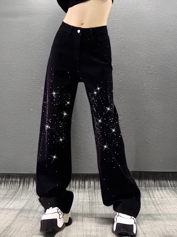 

Faionable Glittering Rhinestone Denim Pants High Waist Wide Leg Casual Sle Multi-ket Wear-Resistant Spring Season Adul...
