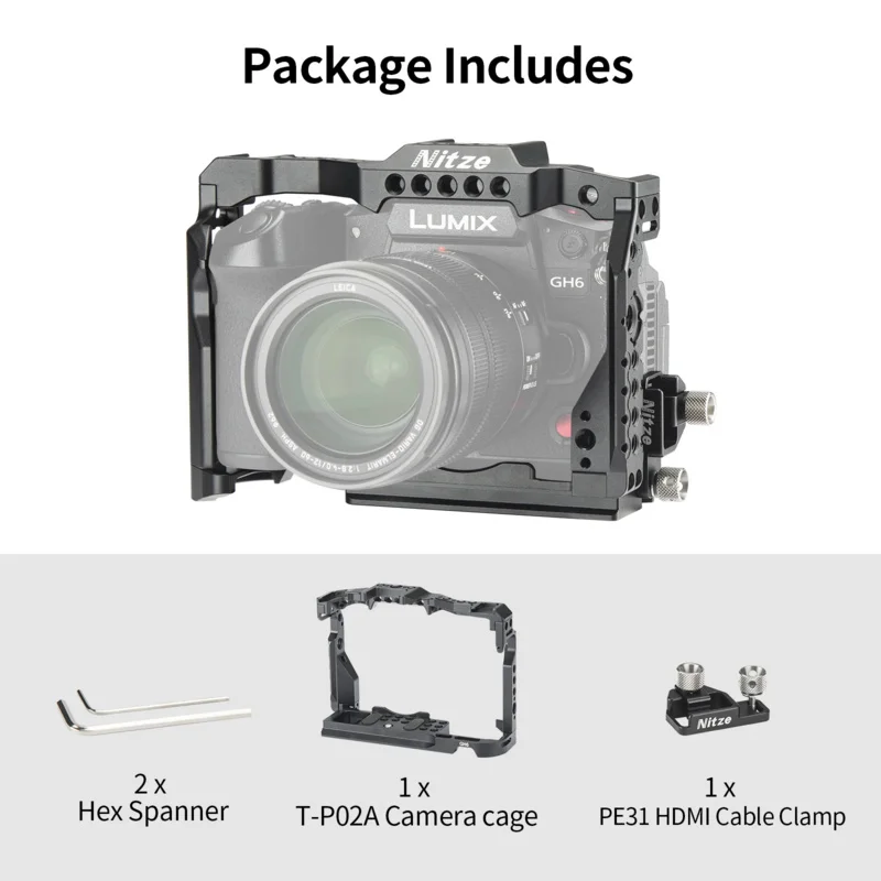 Nitze GH6 Cage for Panasonic Lumix GH6 Camera with HDMI Cable Clamp, Built-in NATO Rail and Arca Swiss QR Plate - T-P02B