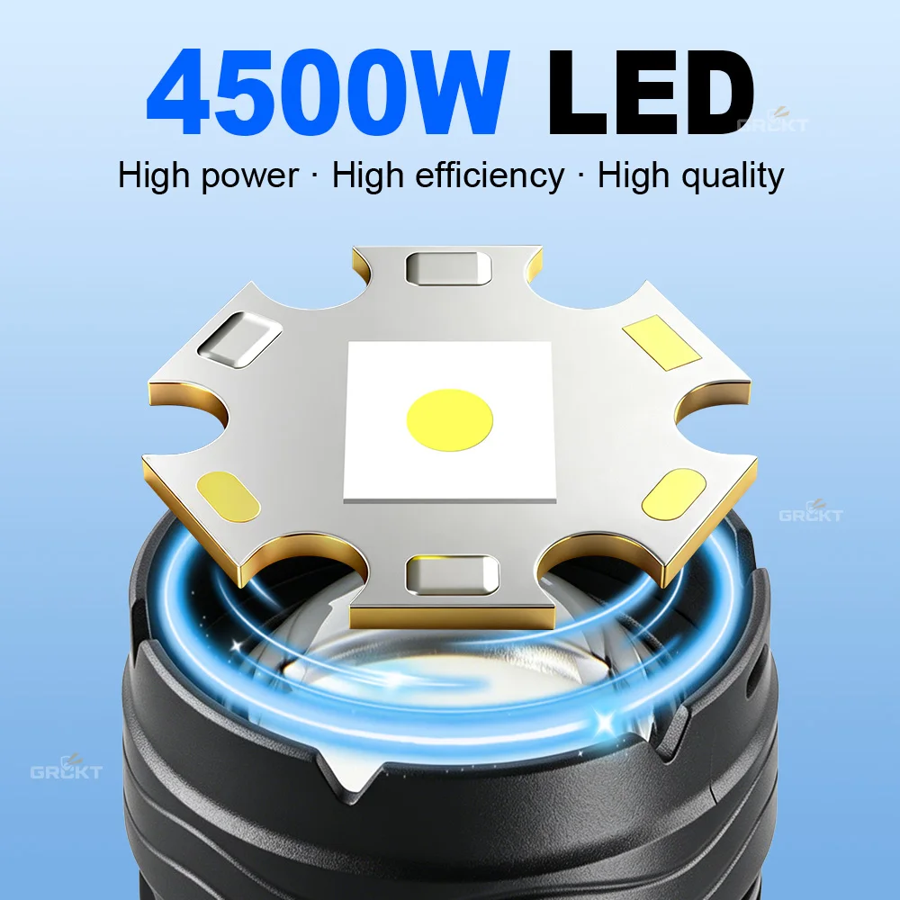 New 4500W Ultra Bright LED Flashlight Tactical Torch Spotlight Telescopic Zoomable  Light USB Charging Fishing Emergency Lantern