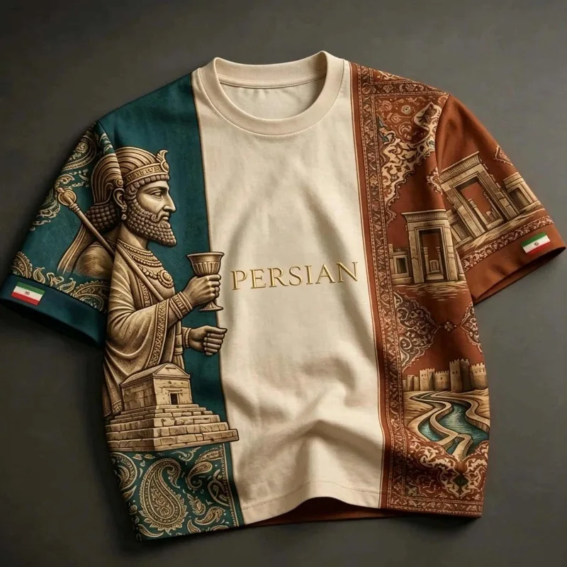 2026 New Ancient Persian Emperor Portrait Jersey, Bolivia Ruins Print, Loose Fit Casual Sports T-Shirt, Unisex, Family Matching