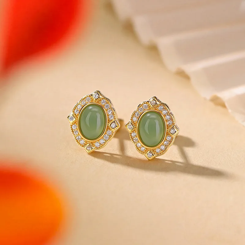 S925 Silver Natural Hetian Jade Rhombus-Shaped Cabochon Women'S Vintage Style Earrings