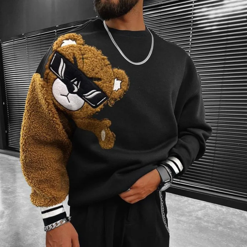 Cute Teddy Bear Printted Hoodies Casual Loose O-Neck Loog Sleeve Solid Color Pullover Spring Autumn Men Fashion Personality Tops