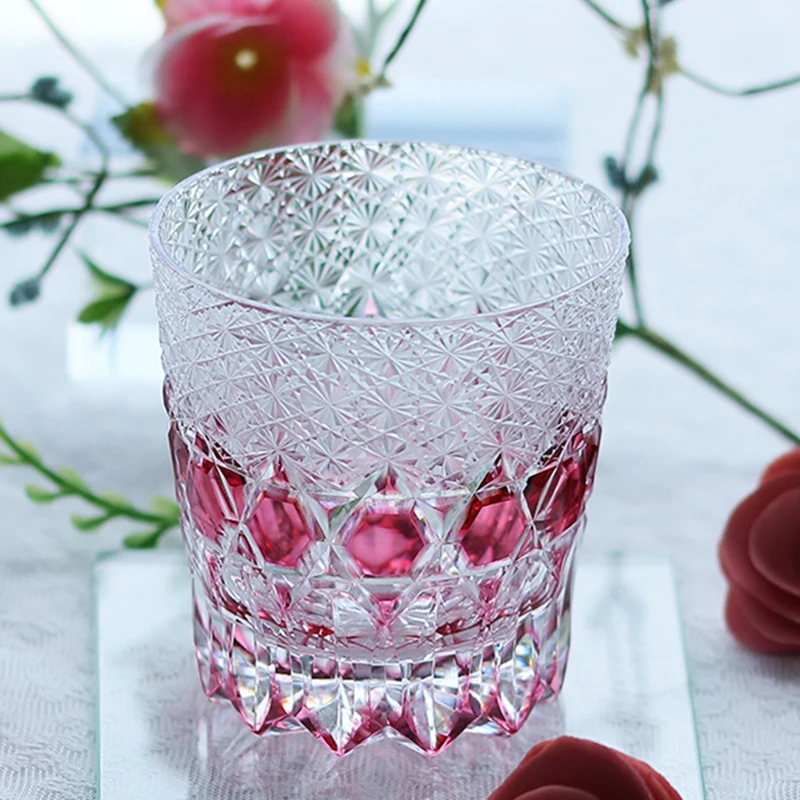 Edo Kiriko Pink Whisky Cup Hand-blown and Hand-carved Pink Crystal Glass with Exquisite Gift Box And Precise Packaging