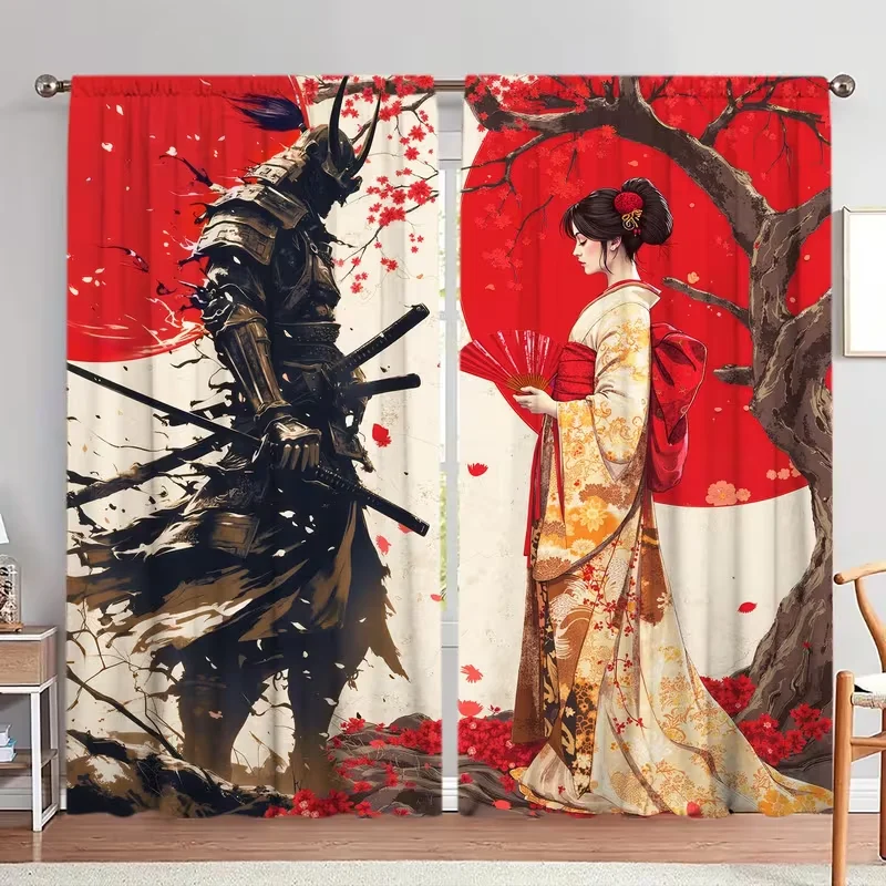 Launch The 2-Panels Japanese Warriors and Women Under Cherry Blossom Trees Semi Blackout Curtain - Improve Your Home Decor