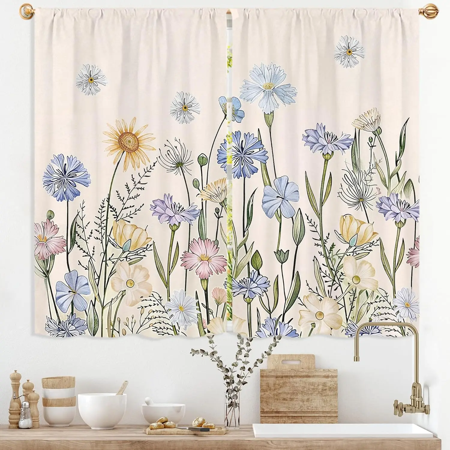 Blue Floral Kitchen Curtains 2 Panel Rod Pocket Vintage Flower Wildflower Farmhouse Retro Small Short Cafe Tier Window Treatment