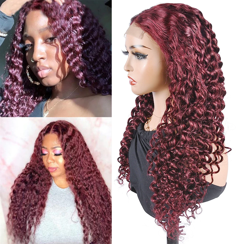 HairUGo 99J Deep Wave Lace Front Wigs Burgundy Lace Front Human Hair Wigs With Baby Hair Remy Transparent Lace Wigs for Woman