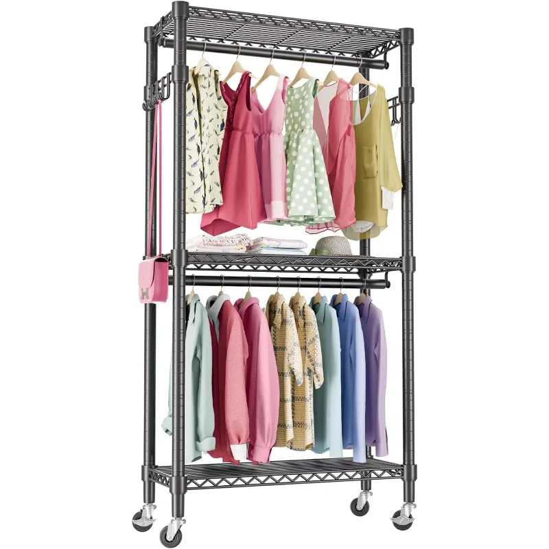 

Mini Rolling Clothes Rack Heavy Duty Clothing Rack with Wheels 3 Tiers Wire Shelving Adjustable with Double Rods and Side Hooks