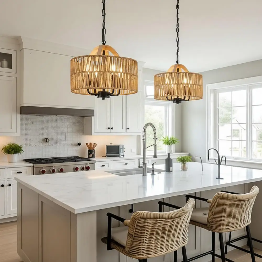 

12.5 Rattan Pendant Lights, 4-Light Bohemian Chandelier with Woven Drum Shade, Suitable for Dining Room, Kitchen Island, and Hal