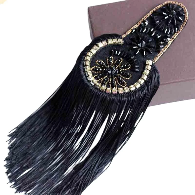 R1WE Fringed Shoulder Pads Rhinestones Shoulder Jewelry Manual Beads Tassels Shoulder Board Applique Collar Patch Tassel