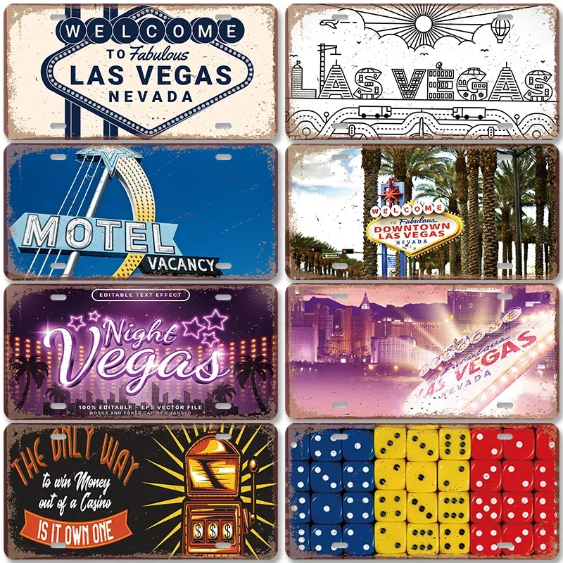 Las Vegas License Plate Metal Sign Vintage Nevada Poker Night Poster Metal Plaque Wall Decor for Car Garage Club Bar