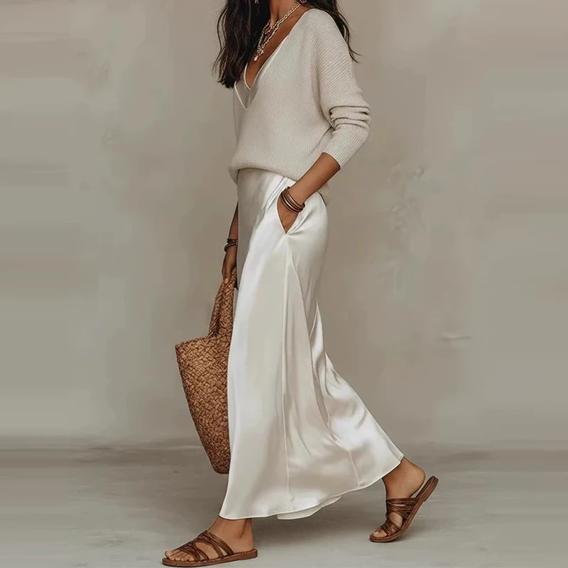 

Женский повседневный комплект из 2 предметов: атласная юбка и элегантный вязаный пуловер с V-образным вырезом и длинным рукавом, однотонный, драпированный