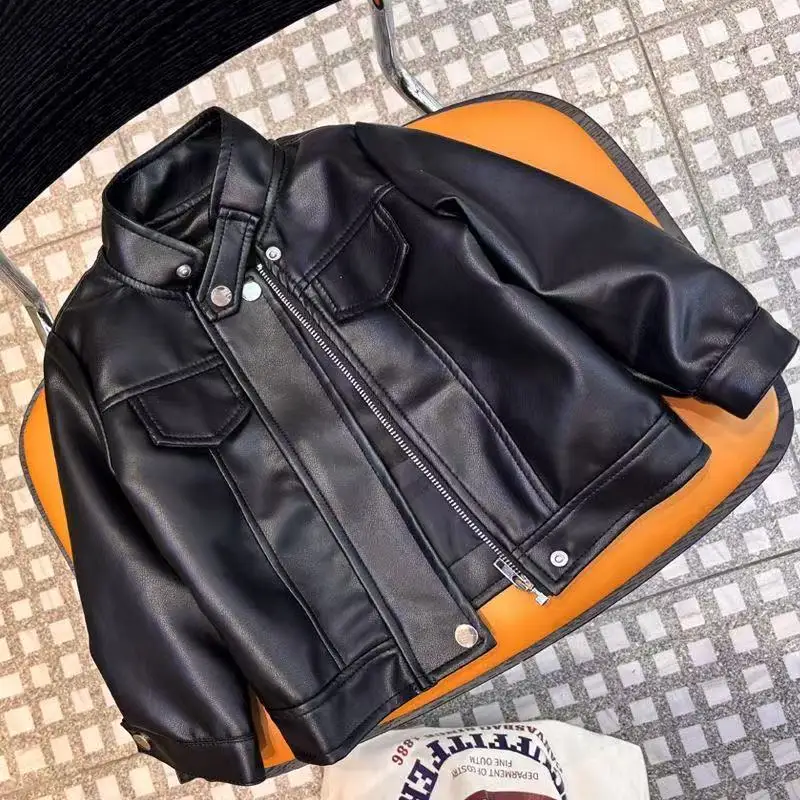 Children's Spring and Autumn Leather Jacket 2026 New Fashion Korean Edition Boys' Motorcycle Jacket Stand up Collar Black Jacket