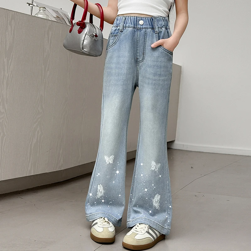 

2026 Spring New Children's Butterfly Printed Jeans Sticky Diamond Girls' Micro Pull Pants Autumn Sports Pants