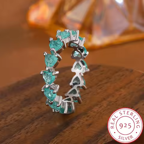 S925 Sterling Silver Green Heart Ring for Women | Full Paved Heart CZ Eternity Band | Girlfriend Gift Engagement Ring