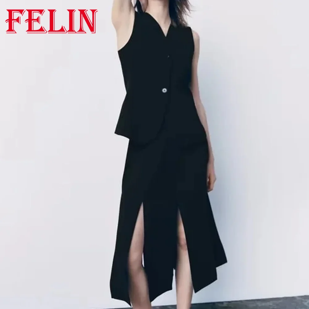 TRAF 2023 donna Vintage Solid Suit Solid Black scollo a V bottoni gilet + vita alta Split gonne lunghe donna Casual eleganti set