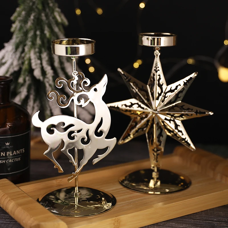 Christmas Star Elk Candle Holders Metal Gold Christmas Decorations Votive Candlestick Holders For Home Party Table Decor