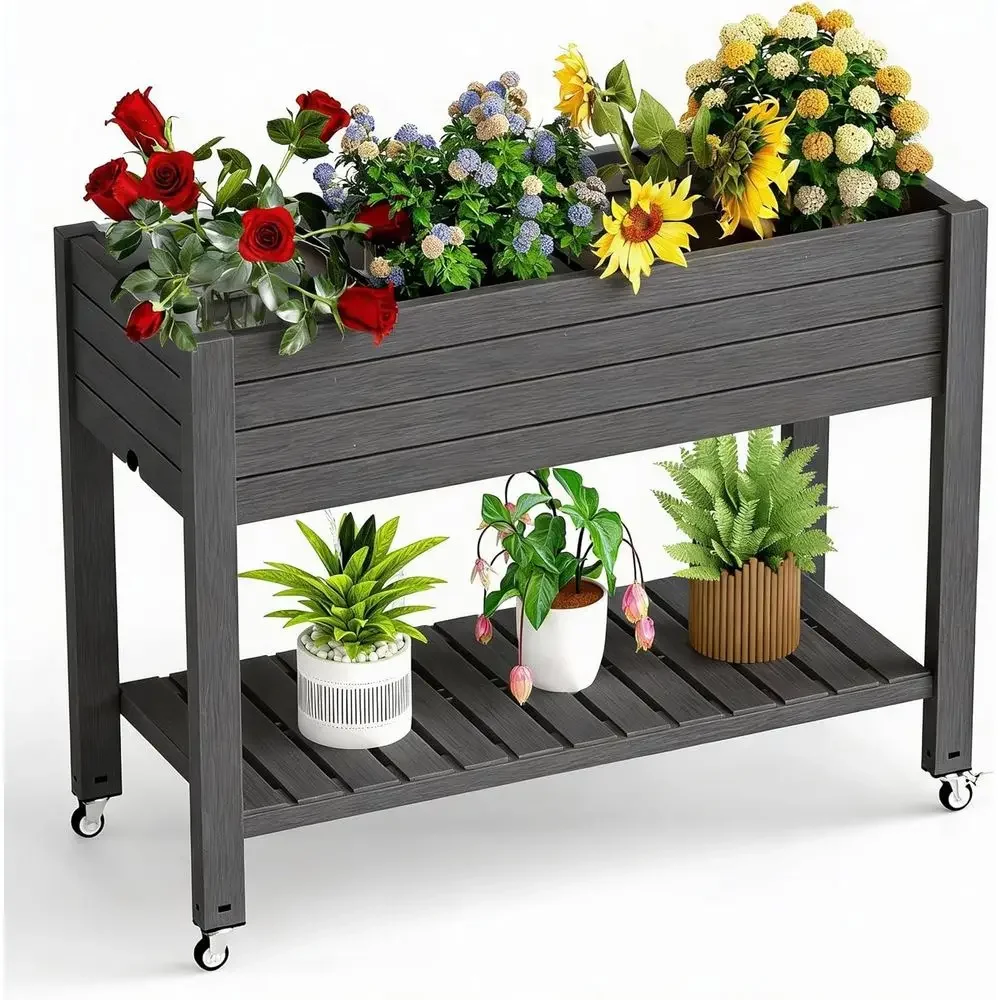 Self-Watering Elevated Garden Bed with Legs, 33.66 Tall Resin Outdoor Planter Box with Storage Shelf, Drain Plug for Vegetables