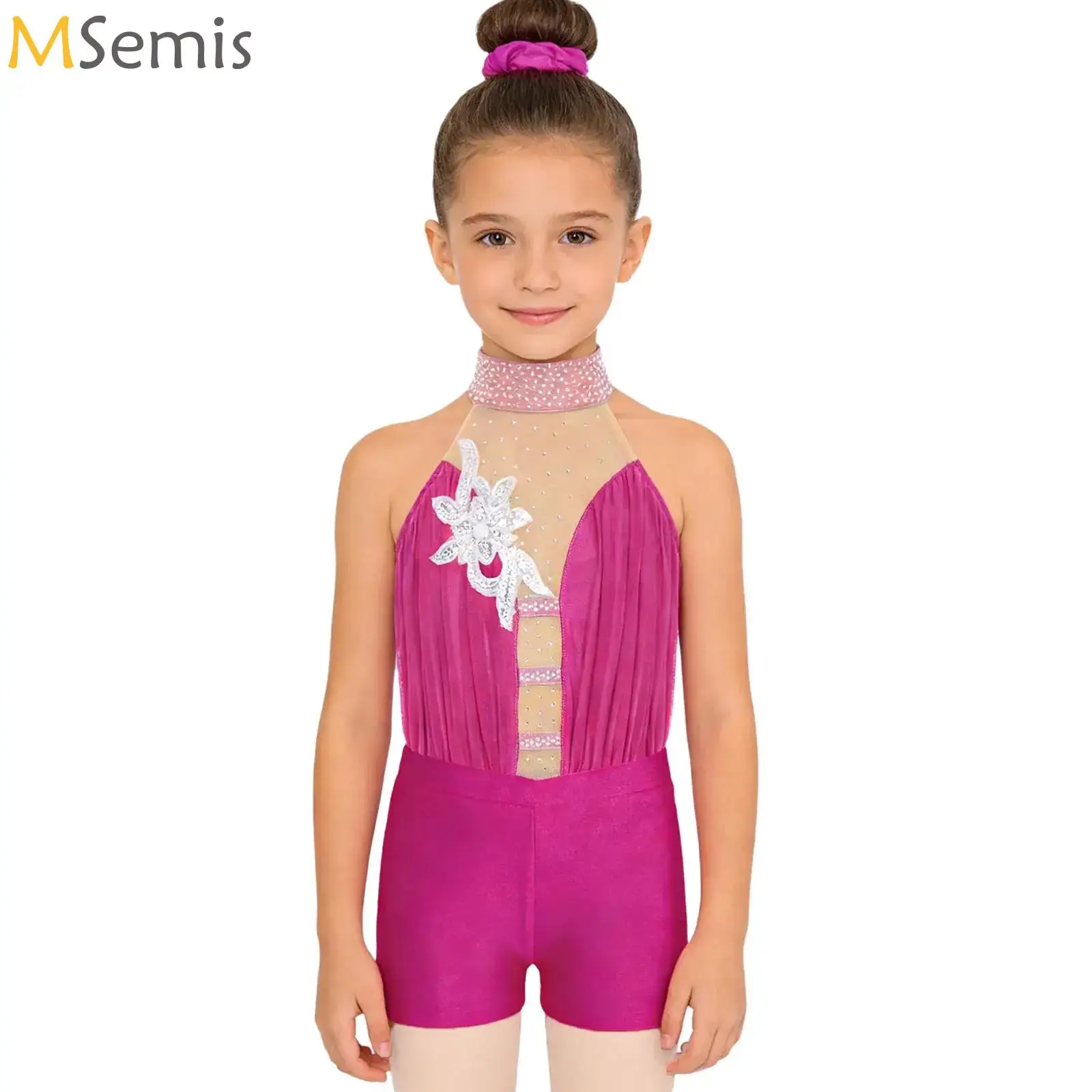 

Kids Girls Ballet Gymnastics Leotard Dress Shiny Bodysuit with Shorts Hairband Dance Suit Figure Skating Performance Costume