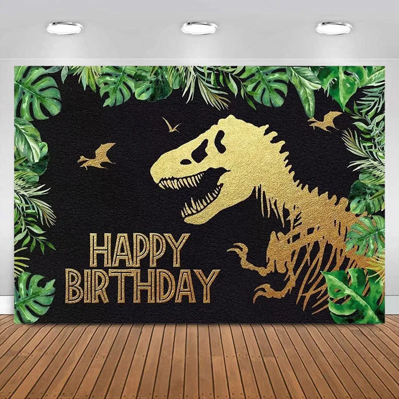 Dinosaur Backdrop Jurassic Happy Birthday Party Background Photography Boys Girls Kids Gold Fossil Baby Shower Banner Decoration