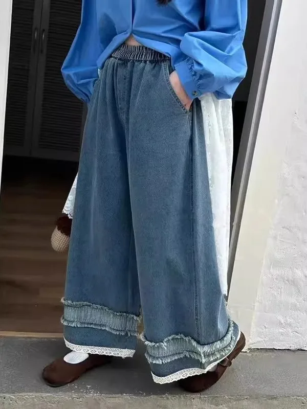 

Джинсы унисекс больших размеров в японском ретро-стиле с кружевной отделкой, свободные, широкие, повседневные брюки для мужчин и женщин