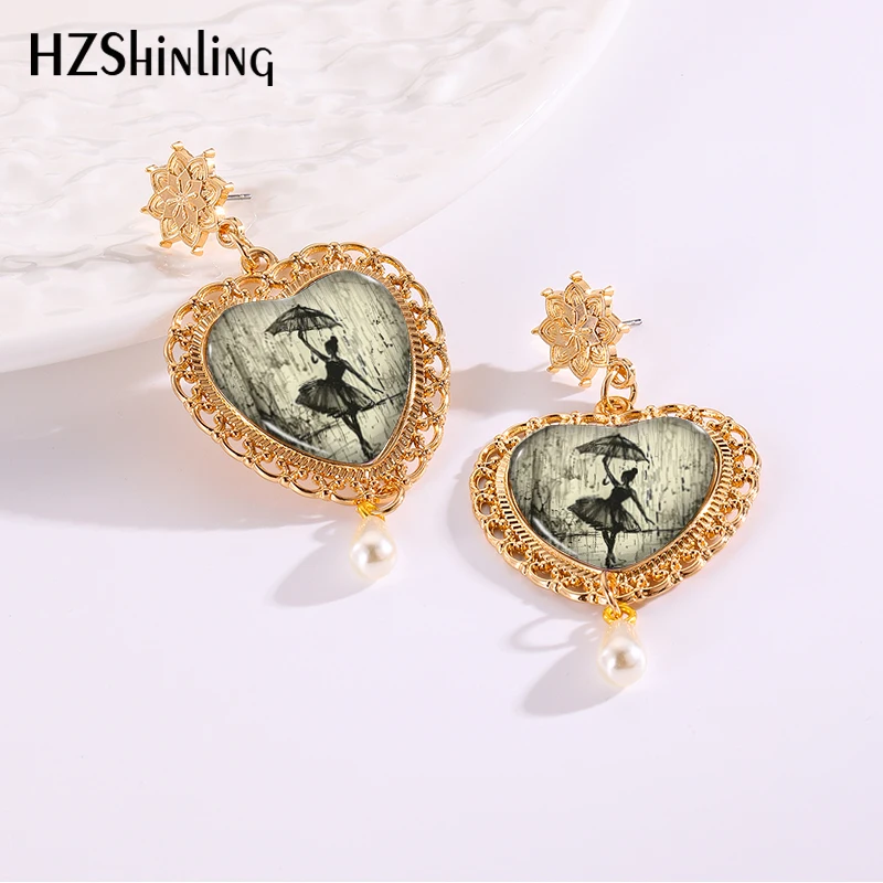 2024 New Ballerina Heart Earring Ballet Shoes Retro Earrings Golden Mandala Charm Glass Dome Photo Jewelry