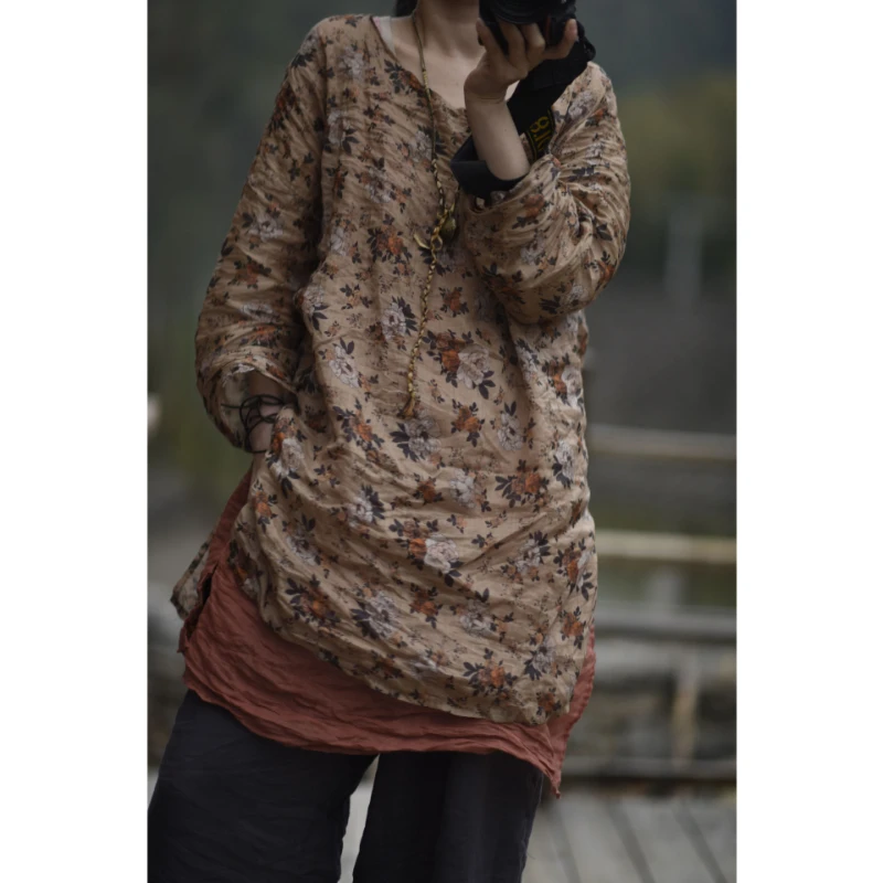 

Original Women's Retro Printed Tops Loose Ramie Thin Floral Shirt and Blusas Summer Casual Tops 2023 New O Neck Vintage Camisas
