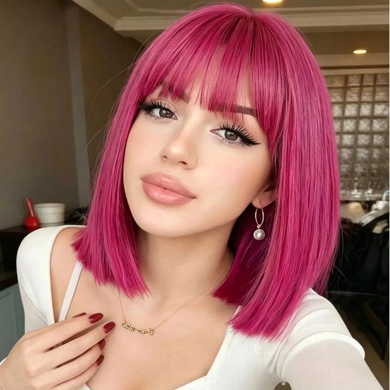 

JOVIA Short Straight Bob Synthetic Wigs Pink Natural Hair Wig with Bangs for Women Cosplay Cute Wig Lolita Heat Resistant Fiber