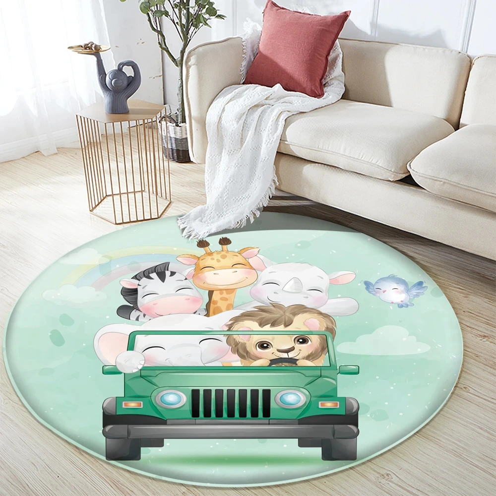 Cartoon Travel Animal Round Rug Lovely Lion Elephant Giraffe Circle Carpet Home Armchair Floor Mat Living Room Kids Bedroom Mats