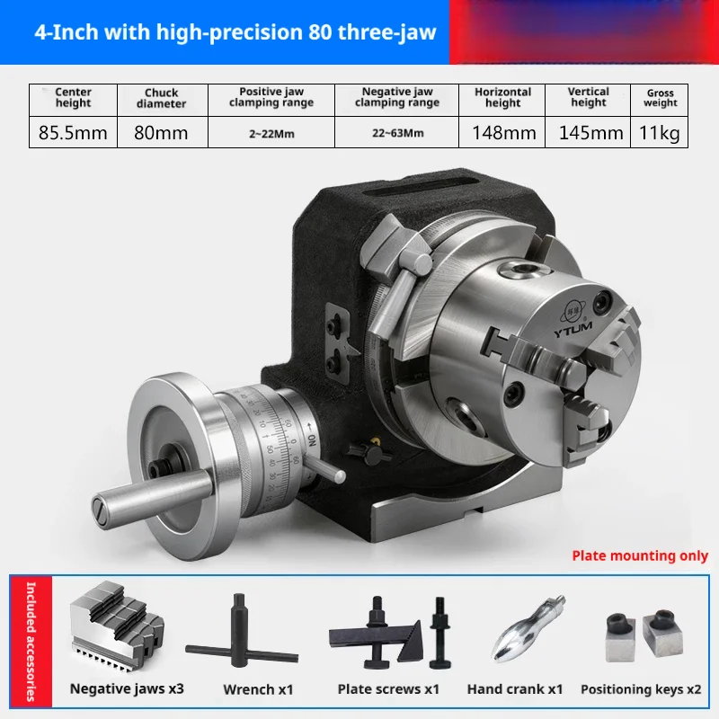 4 Inch Universal Milling Dividing Head with 80mm 3-Jaw Chuck, Horizontal Vertical Indexing Rotary Table for Milling Machine