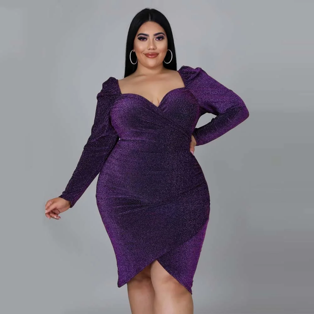 Plus Size Mini Dress Purple Gliiter Shiny Sexy Ladies Long Sleeve Spring Summer Asymmertrical Night Club Party Dresses Big Sizes