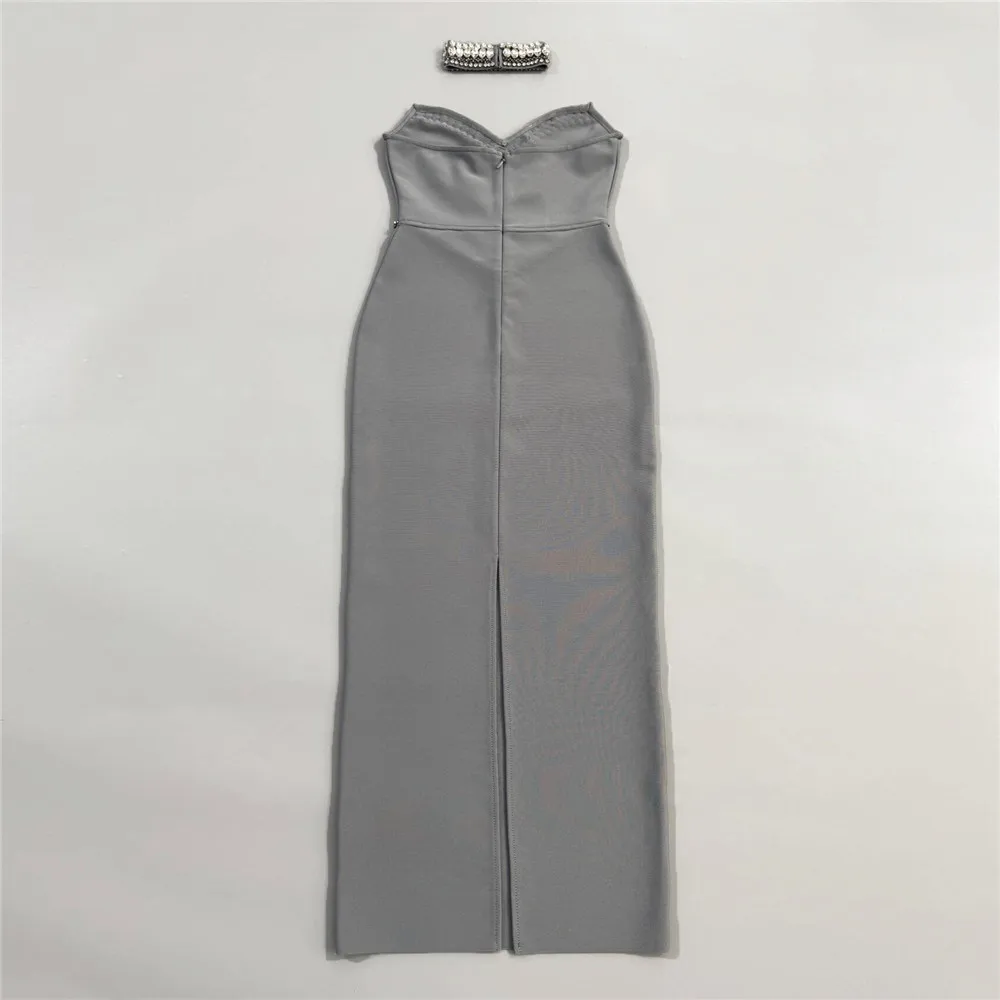 Sexy strapless diamanten grijze bandage lange jurk dames mouwloze bodycon glitter verjaardag festival jurken avondjurken